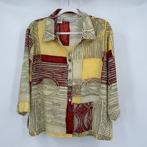 Womens Artsy Patchwork Boho Button Top Size 18 Lagenlook Abstract Print Vintage